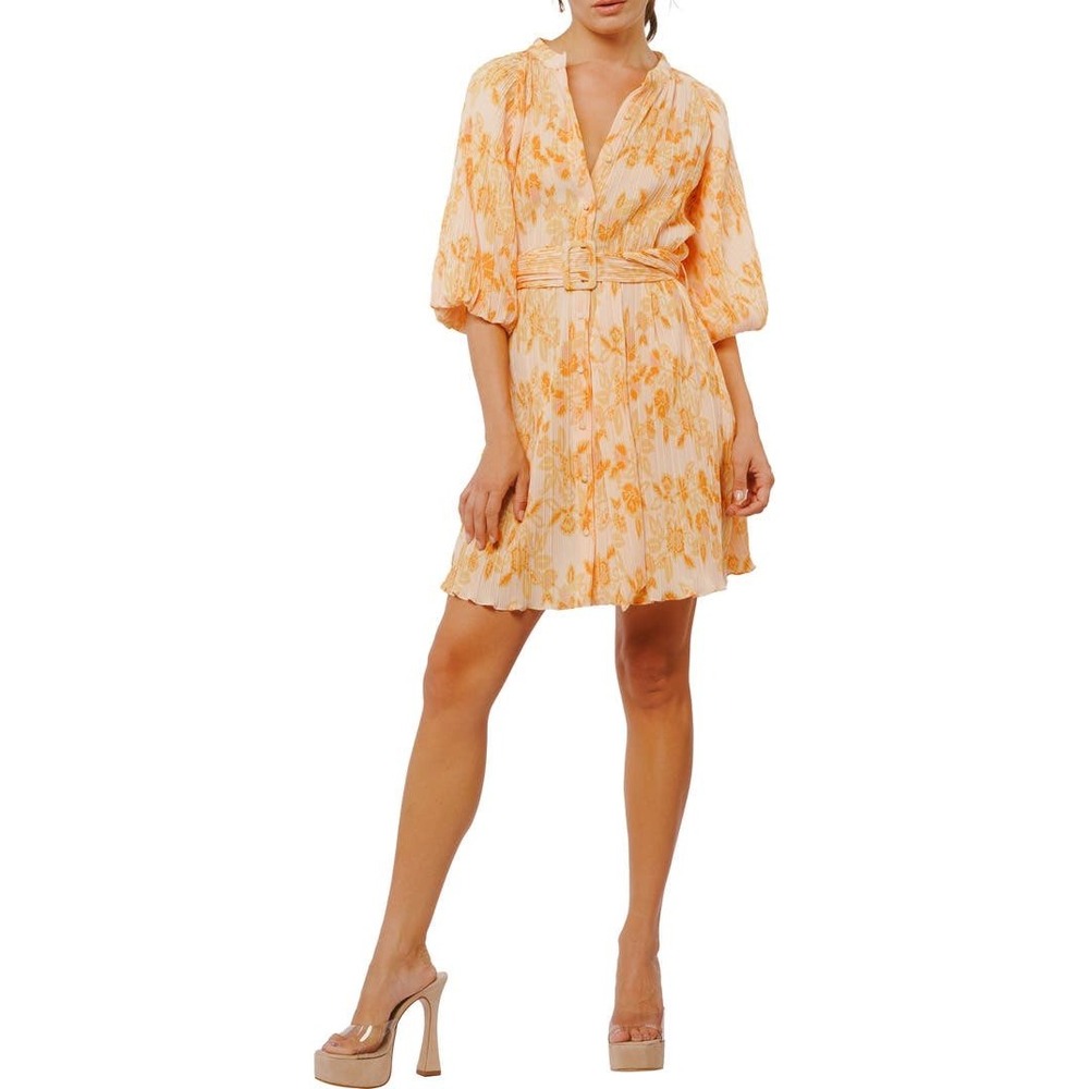 Ciebon Yellow Multi Floral Plisse Belted Mini Dress Medium NWT‎